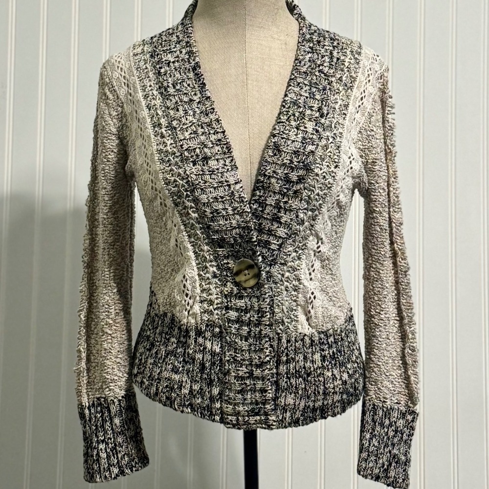 Curio New York Mixed Knit Cardigan S Boho Whimsigoth Pointelle Lace Chunky Retro